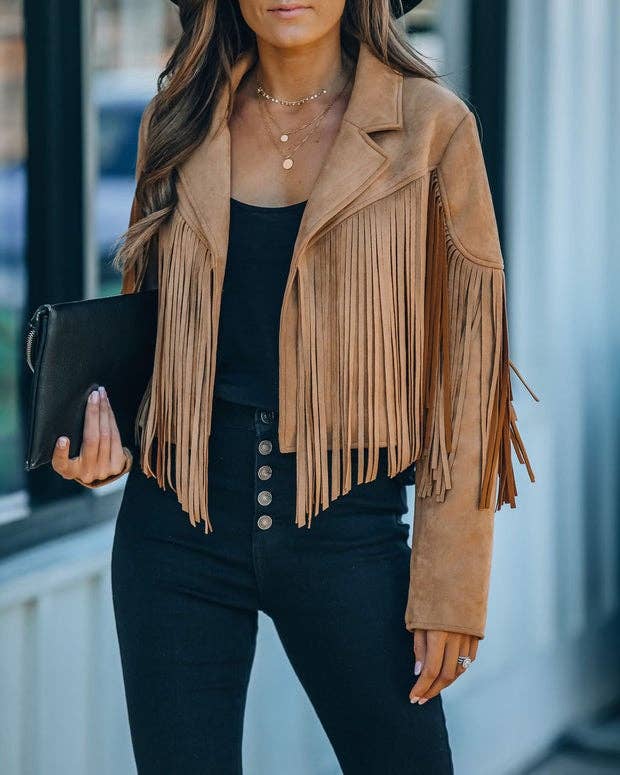 FRINGED FAUX SUEDE MOTO JACKET - TAN